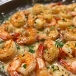 ['Camarões ao alho e limão cremoso com queijo parmesão.', 'Prato de camarão com molho cremoso de limão e alho.', 'Close de camarões preparados com alho, limão e parmesão.', 'Camarões suculentos em molho cremoso com ervas.']