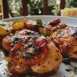 ['Coxas de frango suculentas com molho de tomate e manjericão.', 'Close-up de coxas de frango com molho de tomate e folhas de manjericão.', 'Prato de coxas de frango com molho de tomate cremoso e manjericão fresco.', 'Coxas de frango grelhadas servidas com molho de tomate e manjericão.']