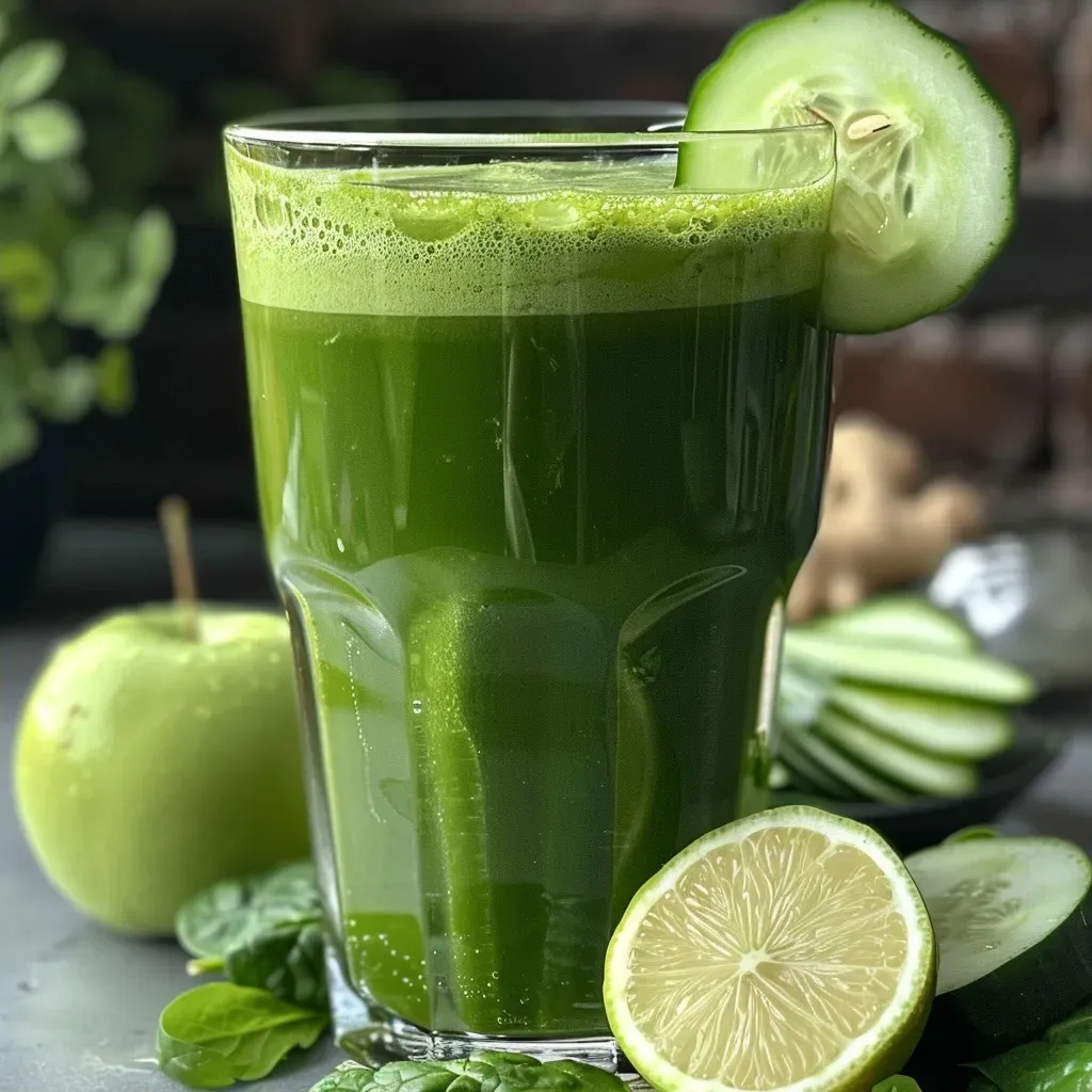 ['Close-up de um elixir verde cítrico em um copo.', 'Bebida saudável feita com pepino, maçãs verdes e limão.', 'Elixir refrescante com ingredientes naturais em destaque.', 'Copo de suco verde com gelo e ingredientes frescos ao fundo.']