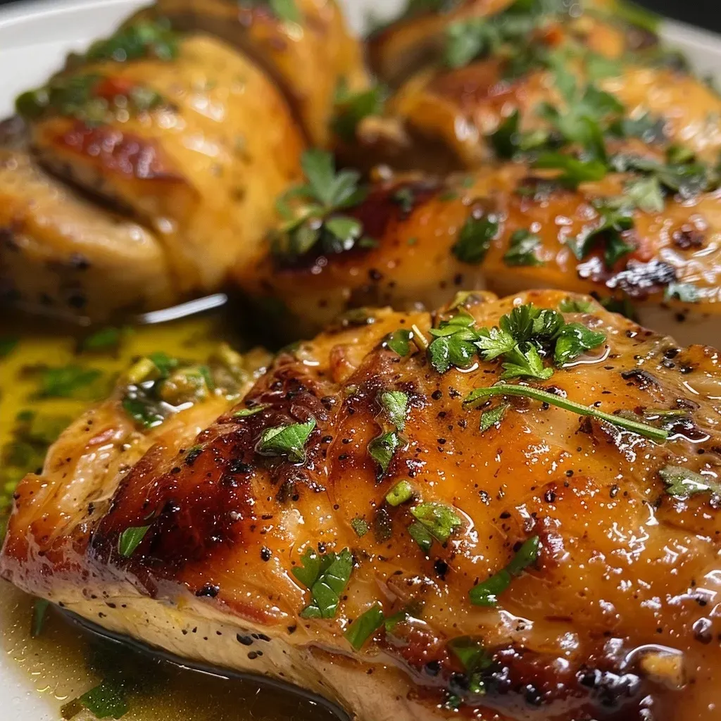 ['Prato de frango ao molho de ervas frescas, com ervas visíveis.', 'Frango suculento coberto por molho de ervas, em um prato raso.', 'Close de filé de peito de frango ao molho de ervas frescas.', 'Frango com ervas frescas em uma apresentação apetitosa.']