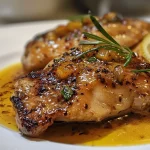 ['Prato de Frango ao Molho de Mostarda com molho cremoso.', 'Filé de peito de frango coberto com mostarda e creme de leite.', 'Close de um prato de frango suculento com molho amarelo.', 'Frango ao molho de mostarda servido com decoração de cheiro-verde.']