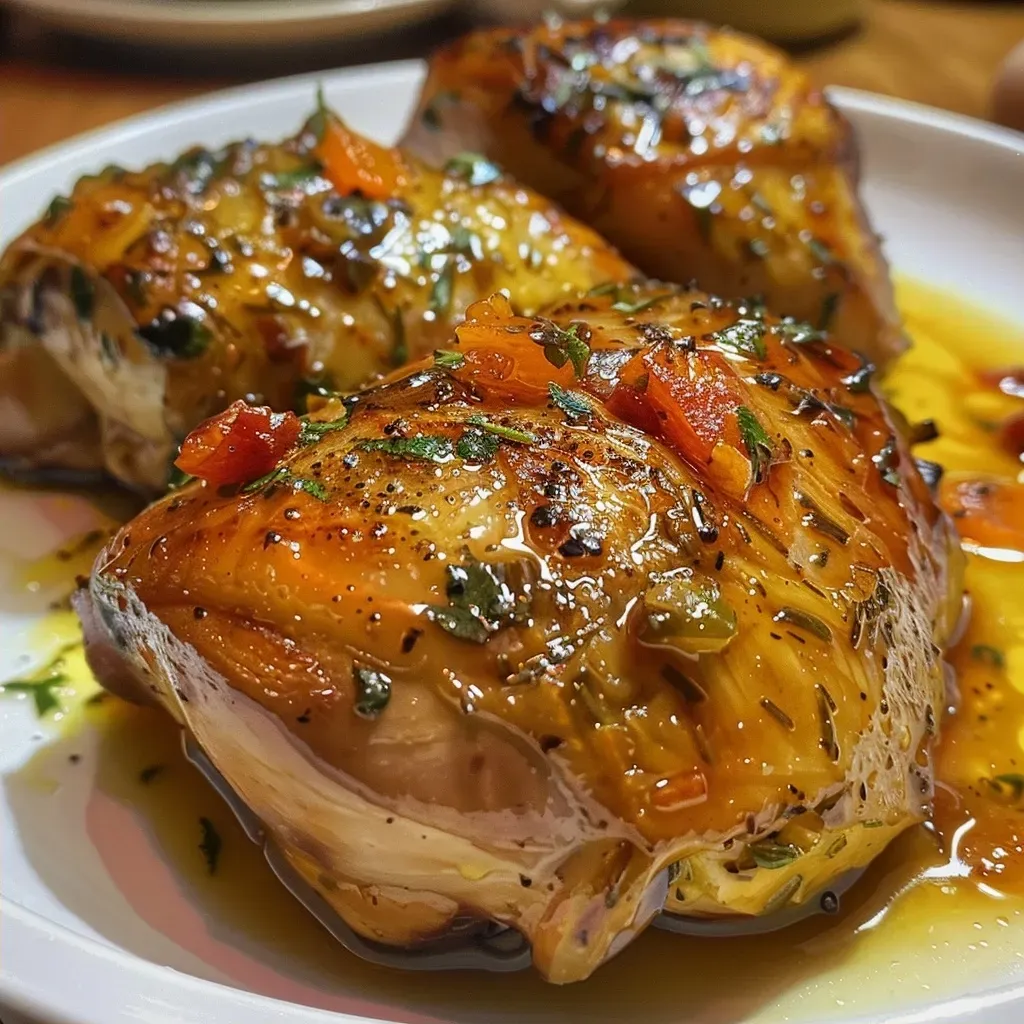 ['Prato de Frango ao Molho de Mostarda com molho cremoso.', 'Filé de peito de frango coberto com mostarda e creme de leite.', 'Close de um prato de frango suculento com molho amarelo.', 'Frango ao molho de mostarda servido com decoração de cheiro-verde.']