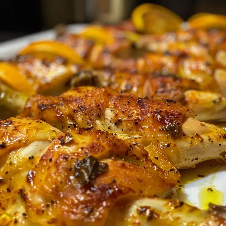 ['Frango assado com laranja em um prato, suculento e dourado.', 'Coxas de frango assadas ao lado de laranjas frescas.', 'Detailhe close-up de frango assado coberto com laranja.', 'Prato de frango assado com laranja, apresentando textura suculenta.']
