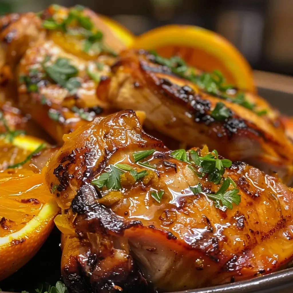 ['Frango assado com laranja em um prato, suculento e dourado.', 'Coxas de frango assadas ao lado de laranjas frescas.', 'Detailhe close-up de frango assado coberto com laranja.', 'Prato de frango assado com laranja, apresentando textura suculenta.']