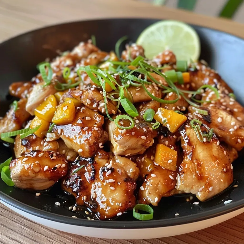 ['Frango com glace de manga suculento em um prato.', 'Peças de frango cobertas com molho de manga em close.', 'Frango glaseado com manga servido com guarnições.', 'Close de frango com molho de manga e especiarias.']