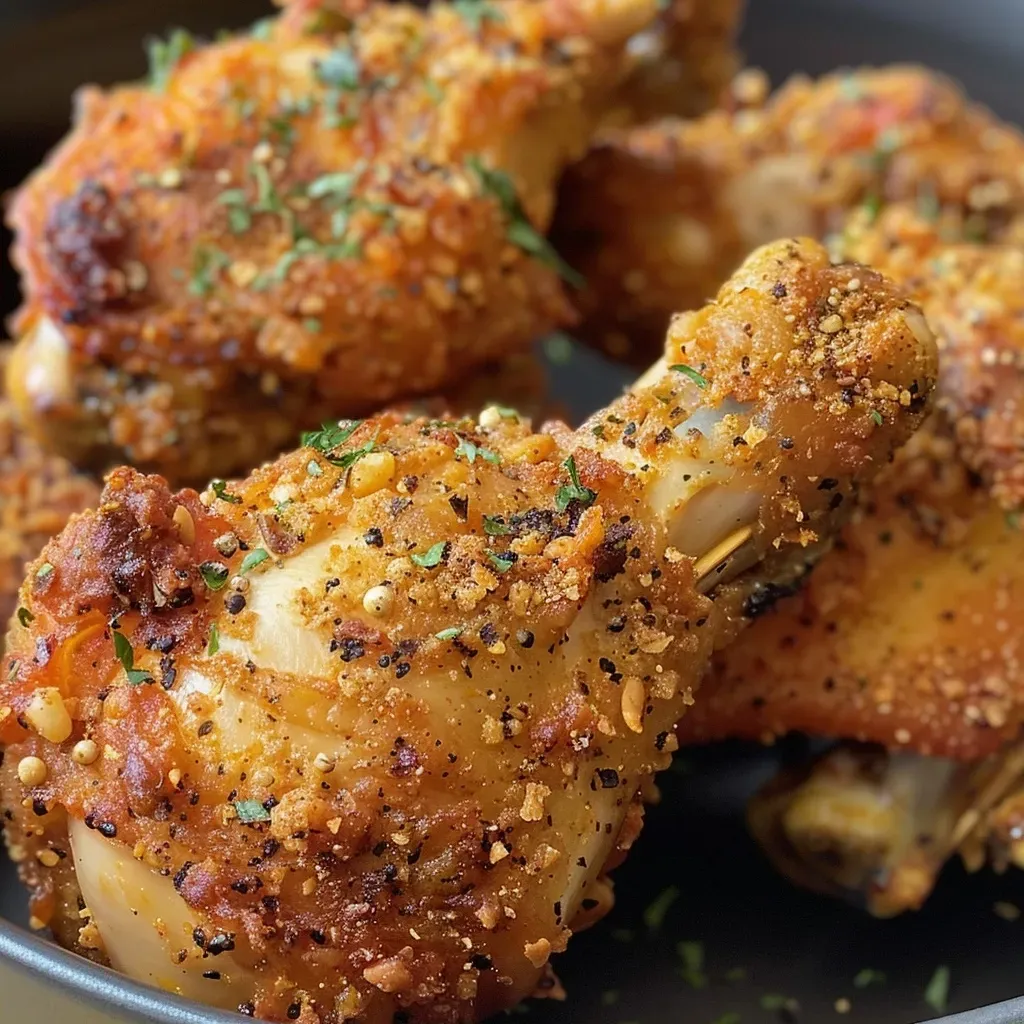 ['Peito de frango crocante frito na Air Fryer.', 'Close-up de frango crocante preparado na Air Fryer.', 'Porção de frango crocante, dourado e suculento na Air Fryer.', 'Frango crocante com uma crosta dourada saindo da Air Fryer.']