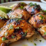 ['Peitos de frango grelhados com manteiga, limão e alho.', 'Frango suculento temperado com limão e alho.', 'Close de frango grelhado com ervas frescas.', 'Frango grelhado coberto com molho de manteiga e alho.']
