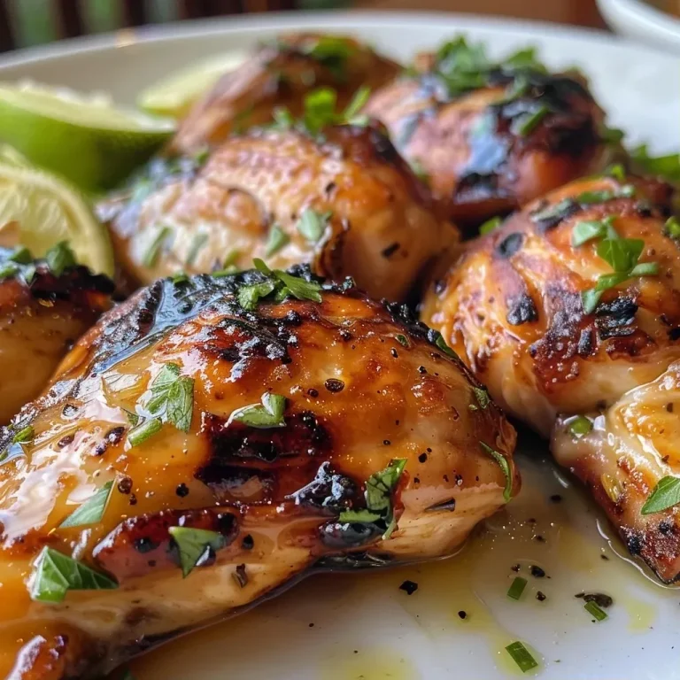 ['Peitos de frango grelhados com manteiga, limão e alho.', 'Frango suculento temperado com limão e alho.', 'Close de frango grelhado com ervas frescas.', 'Frango grelhado coberto com molho de manteiga e alho.']