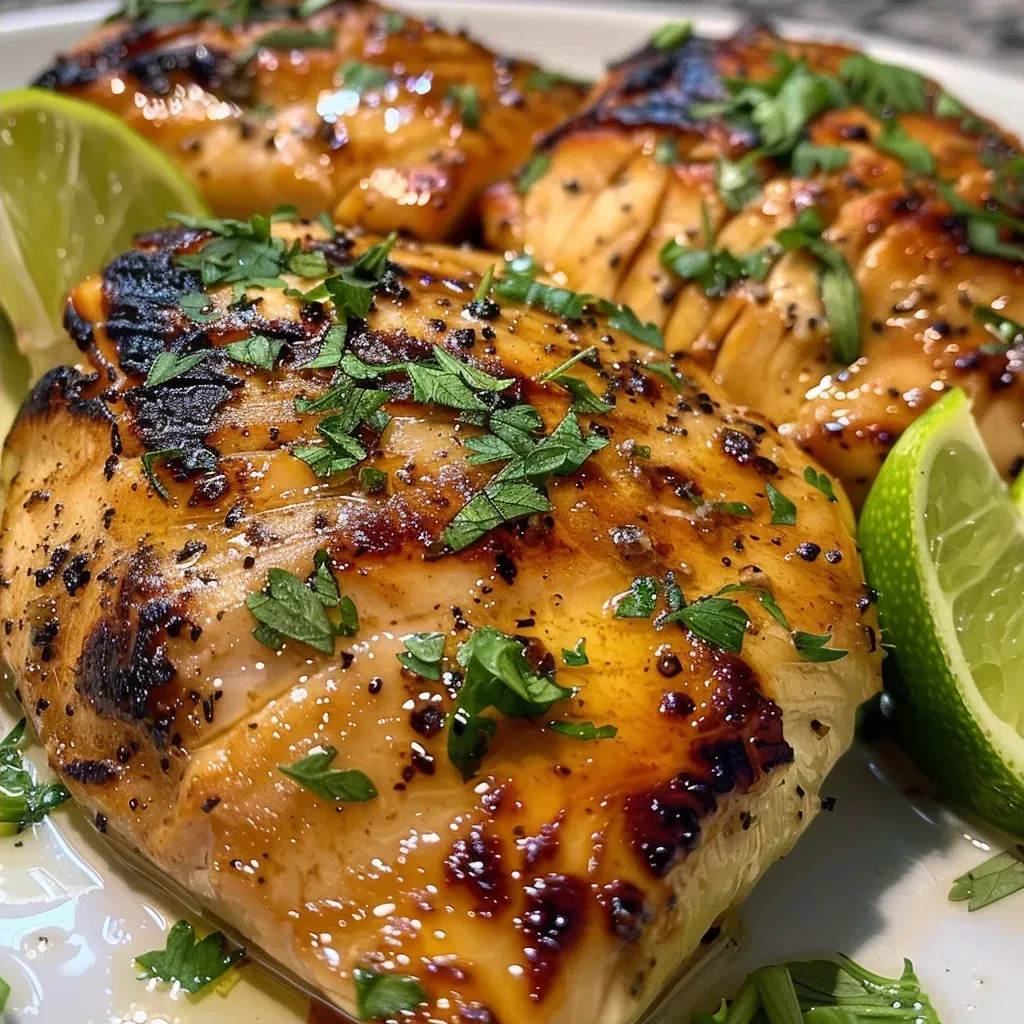 ['Peitos de frango grelhados com manteiga, limão e alho.', 'Frango suculento temperado com limão e alho.', 'Close de frango grelhado com ervas frescas.', 'Frango grelhado coberto com molho de manteiga e alho.']