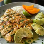 ['Frango grelhado na chapa com molho de abacate em um prato.', 'Close de peito de frango grelhado com molho de abacate e acompanhamentos.', 'Frango grelhado com molho de abacate, servido com arroz e feijões.', 'Prato com frango na chapa e molho de abacate, decorado com coentro.']