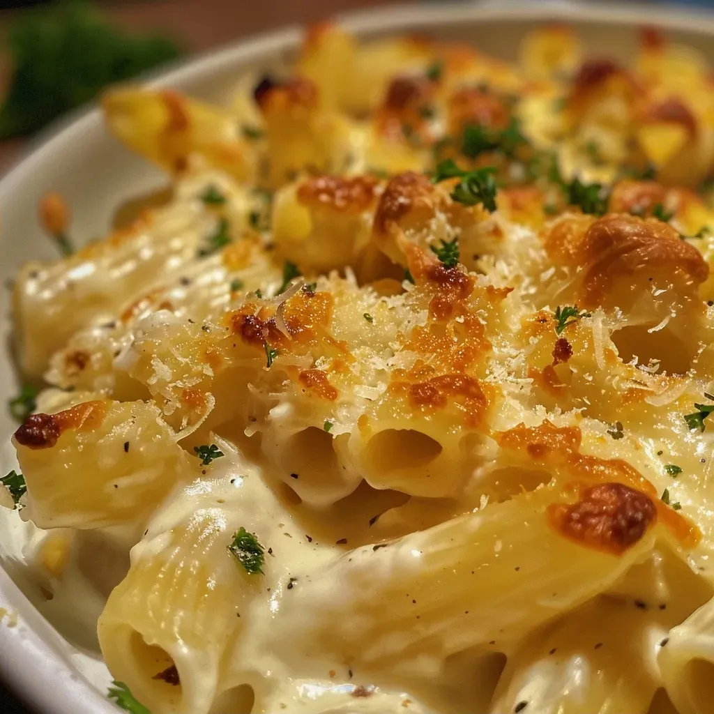 ['Macarrão ao creme de ricota e nozes, com detalhes cremosos e crocantes.', 'Prato de macarrão ao creme, com nozes e ervas frescas.', 'Close de macarrão coberto com creme de ricota e pedaços de nozes.', 'Macarrão cremoso servido com nozes e manjericão fresco.']
