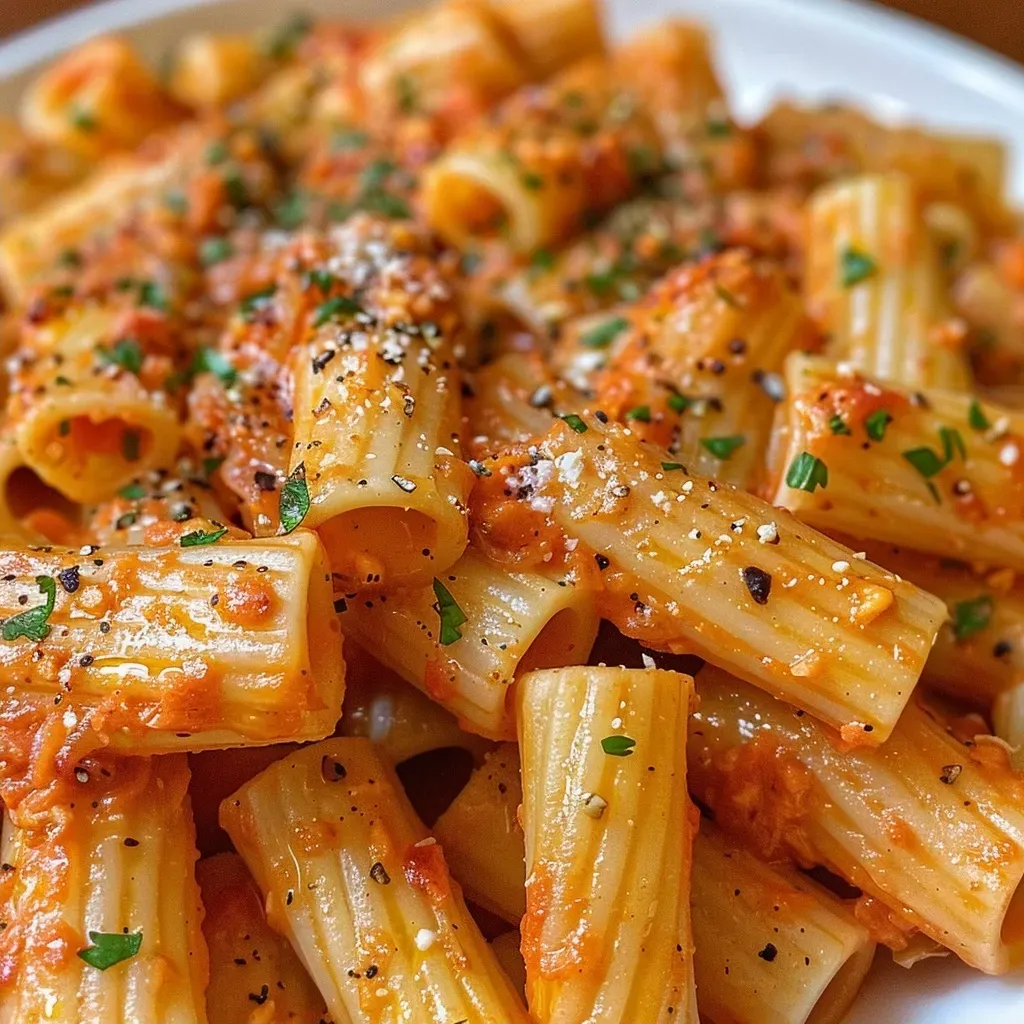 ['Prato de massa com queijo cottage e molho de tomate.', 'Close-up de rigatoni com queijo cottage e ervas frescas.', 'Porção de penne com queijo cottage e pedaços de tomate.', 'Vista lateral de massa com queijo cottage e molho vermelho.']