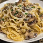 ['Massa cremosa com cogumelos e parmesão.', 'Fettuccine envolto em molho cremoso de cogumelos.', 'Prato de pasta com cogumelos frescos e temperos.', 'Close-up de fettuccine ao molho cremoso de cogumelos.']