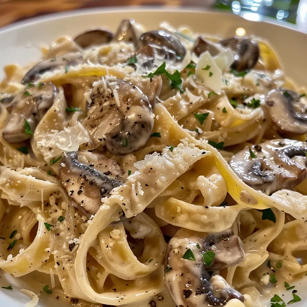 ['Massa cremosa com cogumelos e parmesão.', 'Fettuccine envolto em molho cremoso de cogumelos.', 'Prato de pasta com cogumelos frescos e temperos.', 'Close-up de fettuccine ao molho cremoso de cogumelos.']