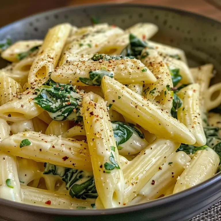 ['Close-up de uma massa cremosa com espinafre.', 'Prato de penne com espinafre e molho cremoso.', 'Detalhe de massa com espinafre fresco e queijo.', 'Porção de pasta cremosa com espinafre e temperos.']