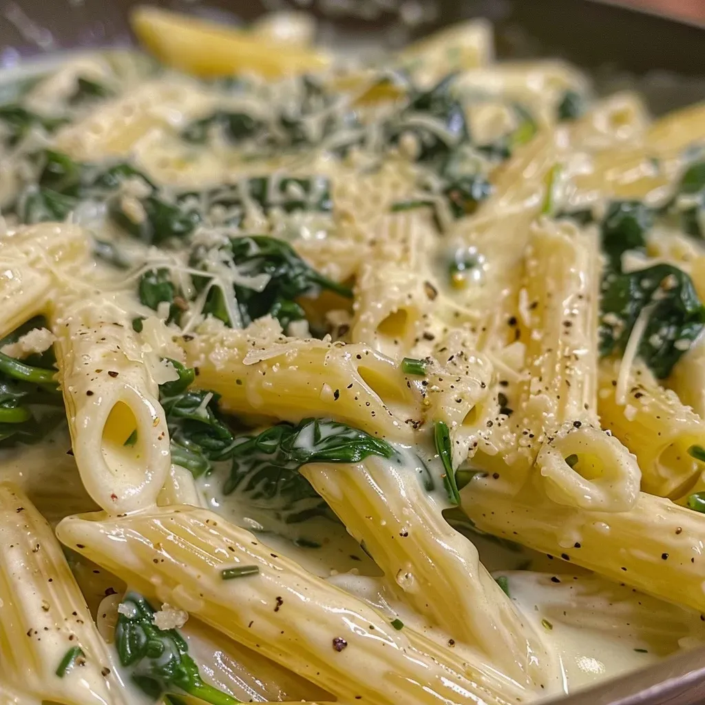 ['Close-up de uma massa cremosa com espinafre.', 'Prato de penne com espinafre e molho cremoso.', 'Detalhe de massa com espinafre fresco e queijo.', 'Porção de pasta cremosa com espinafre e temperos.']