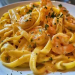 ['Massa de camarão com molho cremoso de alho e limão.', 'Prato de tagliatelle com camarão e molho de alho.', 'Close de massa de camarão com ingredientes frescos.', 'Massa de tagliatelle envolta em molho de camarão.']