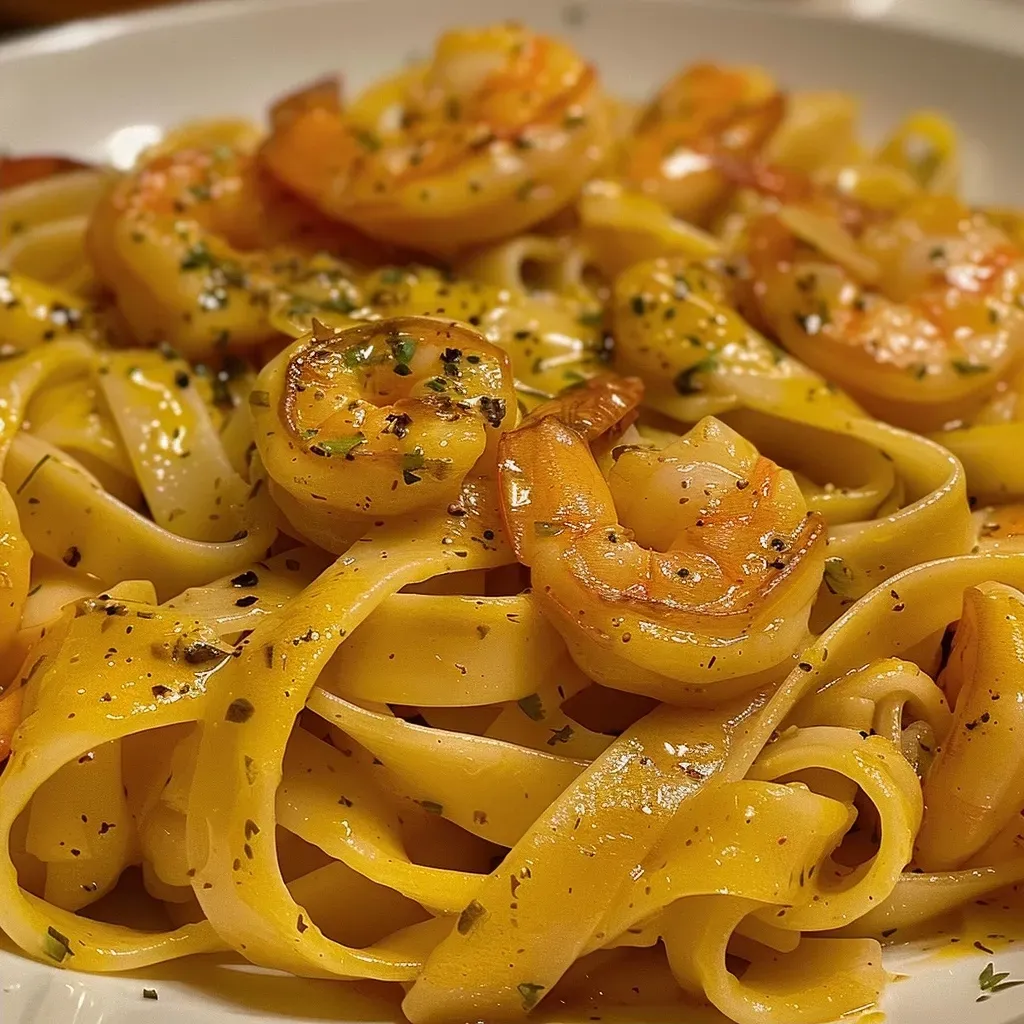 ['Massa de camarão com molho cremoso de alho e limão.', 'Prato de tagliatelle com camarão e molho de alho.', 'Close de massa de camarão com ingredientes frescos.', 'Massa de tagliatelle envolta em molho de camarão.']