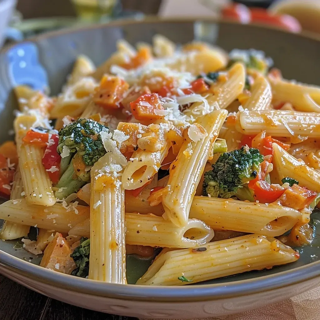 ['Prato de massa penne com legumes coloridos em molho cremoso.', 'Detalhe de massa penne com cenoura, pimentão e brócolis em um prato raso.', 'Massa penne coberta com molho cremoso e acompanhada de legumes frescos.', 'Close-up de Massa Penne com diversas verduras em molho rico e cremoso.']