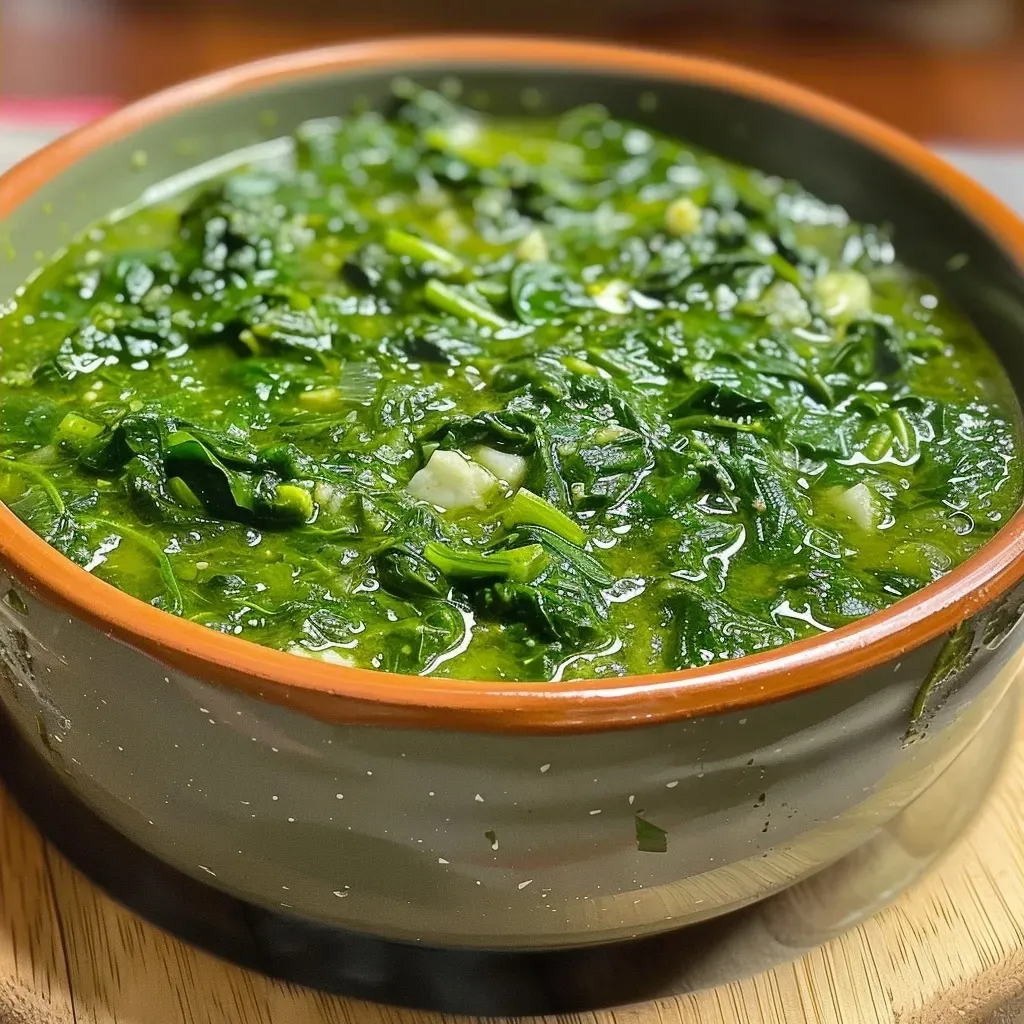 ['Molho de espinafre cremoso ao lado de filé de frango.', 'Close de molho verde com espinafre em prato.', 'Molho de espinafre fresco com textura aveludada.', 'Prato com molho de espinafre e ingredientes ao fundo.']