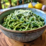 ['Molho verde para macarrão sem glúten em um prato.', 'Close-up de um molho verde cremoso ao lado de macarrão sem glúten.', 'Prato com molho verde fresco e ingredientes ao fundo.', 'Vista lateral de um molho verde vibrante em um recipiente.']