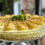 ['Mousse de abacaxi cremosa em uma taça.', 'Close-up de mousse de abacaxi com textura suave.', 'Mousse de abacaxi servida com pedaços de fruta.', 'Vista lateral de mousse de abacaxi em um prato.']