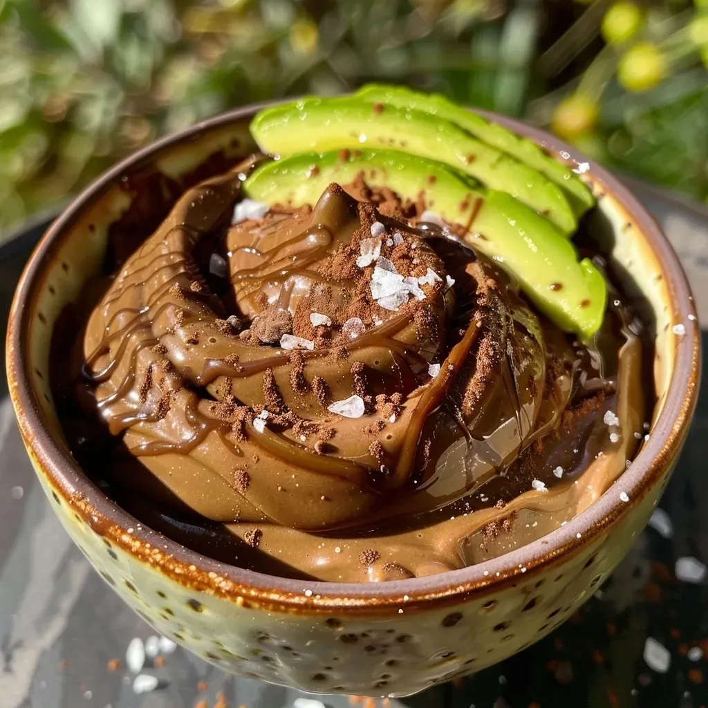 ['Mousse de chocolate com abacate em uma tigela.', 'Close-up de mousse de chocolate cremosa com abacate.', 'Taça de mousse de chocolate com abacate e textura suave.', 'Mousse de chocolate e abacate com aparência suculenta.']