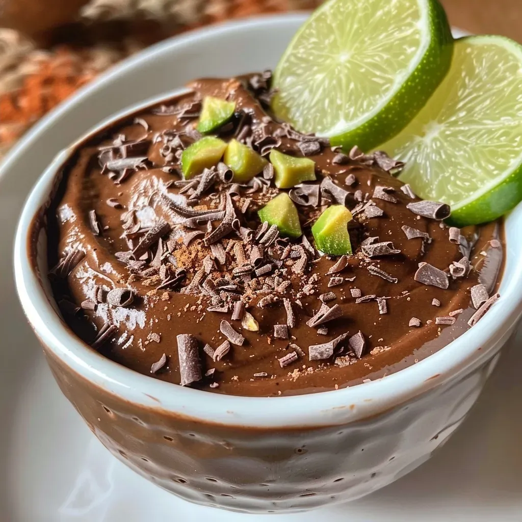 ['Mousse de chocolate e abacate em um recipiente, com textura cremosa.', 'Close de mousse de chocolate e abacate, com acabamento suave.', 'Mousse de chocolate e abacate, servido em uma taça, com decoração minimalista.', 'Deliciosa mousse de chocolate e abacate, vista lateral mostrando a cremosidade.']