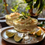 ['Mousse de Lima e Coco em uma tigela, com textura cremosa.', 'Close da mousse de lima e coco, com lascas de coco por cima.', 'Mousse de lima e coco, mostrando a mistura refrescante e suave.', 'Detalhe da mousse de lima e coco, com destaque para os ingredientes.']