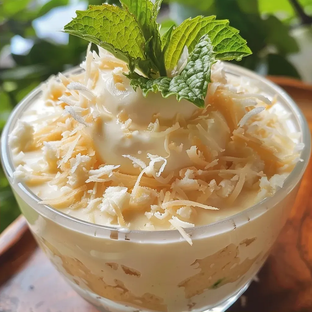 ['Mousse de Lima e Coco em uma tigela, com textura cremosa.', 'Close da mousse de lima e coco, com lascas de coco por cima.', 'Mousse de lima e coco, mostrando a mistura refrescante e suave.', 'Detalhe da mousse de lima e coco, com destaque para os ingredientes.']