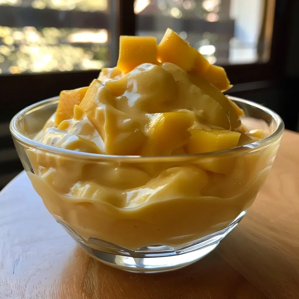 ['Mousse de manga cremosa em um copo, com textura suave e colorida.', 'Close de mousse de manga, com camadas atraentes e acabamentos delicados.', 'Mousse de manga servida em um recipiente elegante, com aparência apetitosa.', 'Porção de mousse de manga cremosa, mostrando sua consistência rica e cremosa.']