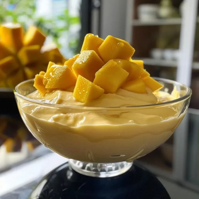 ['Mousse de manga em um prato, com textura cremosa e decorada.', 'Close-up de mousse de manga, destacando sua consistência e cor vibrante.', 'Prato de mousse de manga com toque de frescor e decoração com folhas de menta.', 'Mousse de manga em vista lateral, mostrando a cremosidade e a apresentação.']
