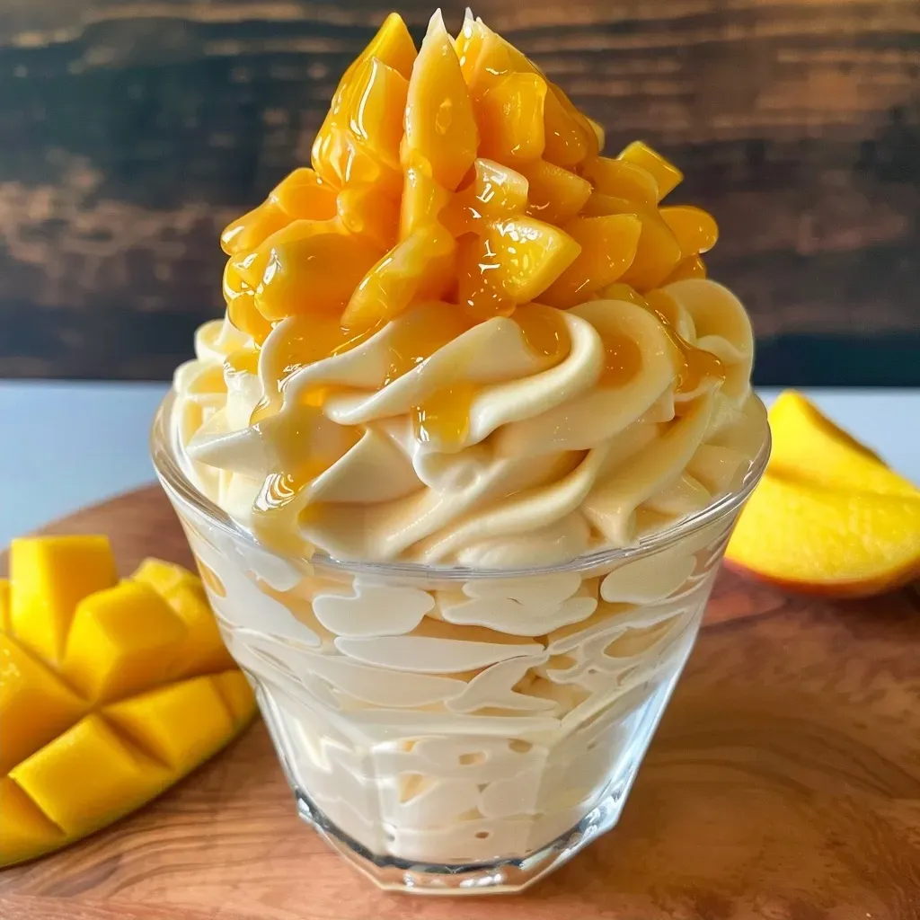 ['Mousse de manga em um prato, com textura cremosa e decorada.', 'Close-up de mousse de manga, destacando sua consistência e cor vibrante.', 'Prato de mousse de manga com toque de frescor e decoração com folhas de menta.', 'Mousse de manga em vista lateral, mostrando a cremosidade e a apresentação.']