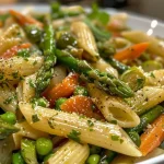 ['Prato colorido de Pasta Primavera com legumes assados.', 'Close-up de penne com brócolis, cenouras e ervilhas.', 'Porção de Pasta Primavera com espetacular apresentação de vegetais.', 'Massa penne decorada com ervas frescas e legumes variados.']