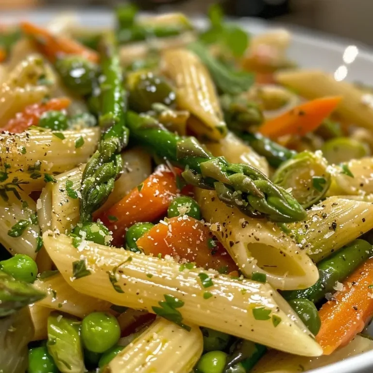 ['Prato colorido de Pasta Primavera com legumes assados.', 'Close-up de penne com brócolis, cenouras e ervilhas.', 'Porção de Pasta Primavera com espetacular apresentação de vegetais.', 'Massa penne decorada com ervas frescas e legumes variados.']