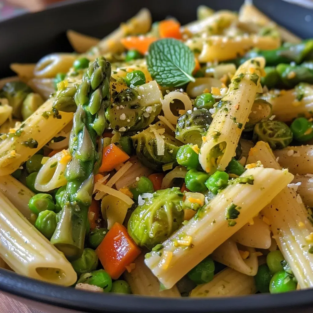 ['Prato colorido de Pasta Primavera com legumes assados.', 'Close-up de penne com brócolis, cenouras e ervilhas.', 'Porção de Pasta Primavera com espetacular apresentação de vegetais.', 'Massa penne decorada com ervas frescas e legumes variados.']