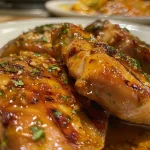 ['Peitos de frango grelhados cobertos com molho de mostarda e mel.', 'Close up de peitos de frango suculentos com molho dourado.', 'Prato de peitos de frango ao molho de mostarda e mel em fundo neutro.', 'Porção de peitos de frango com acabamento brilhante do molho.']