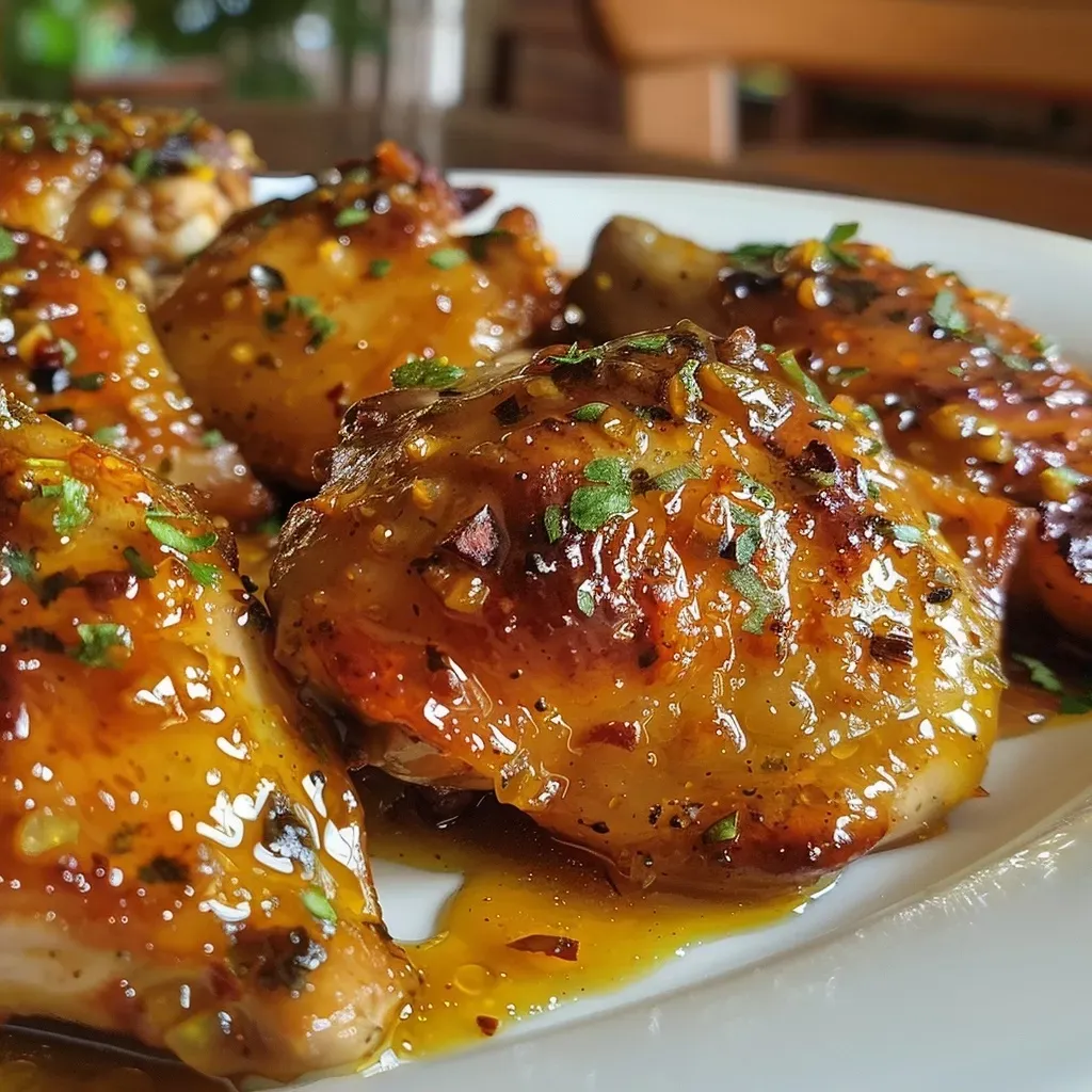 ['Peitos de frango grelhados cobertos com molho de mostarda e mel.', 'Close up de peitos de frango suculentos com molho dourado.', 'Prato de peitos de frango ao molho de mostarda e mel em fundo neutro.', 'Porção de peitos de frango com acabamento brilhante do molho.']