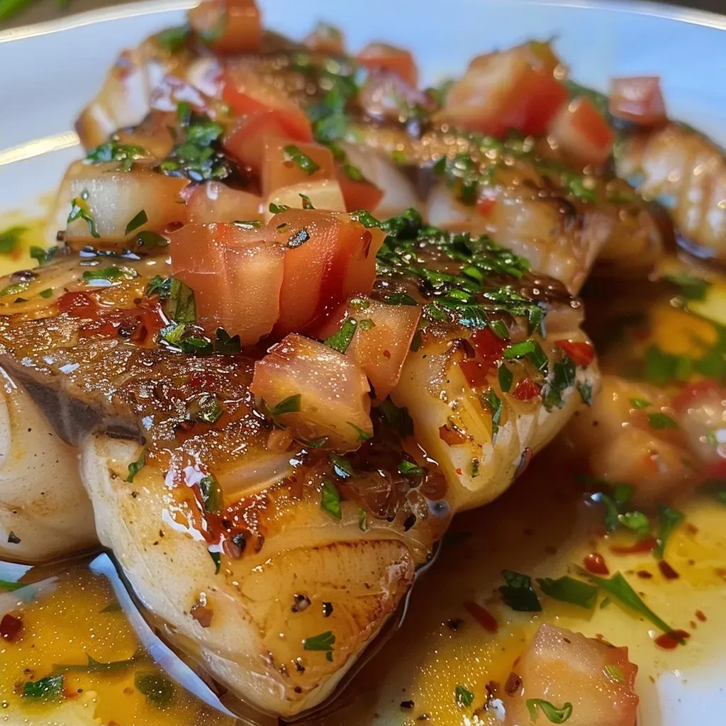 ['Filés de peixe ao molho de coentro com legumes frescos.', 'Prato de Peixe ao Molho de Coentro com tomates e cebolas.', 'Close de filés de tilápia acompanhados de molho verde.', 'Peixe servido com molho de coentro e decoração de ervas.']