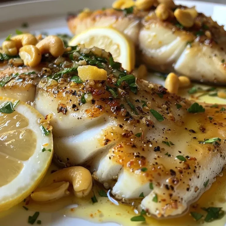['Filé de peixe branco com molho de limão saudável em um prato.', 'Close-up de peixe branco com molho de limão e ervas frescas.', 'Peixe branco suculento coberto com molho de limão em uma mesa.', 'Prato de peixe branco com molho de limão e guarnições de ervas.']