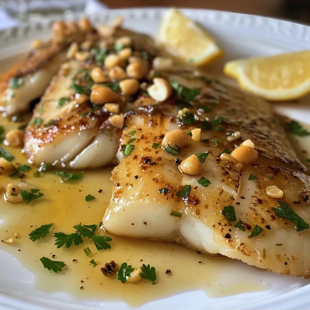 ['Filé de peixe branco com molho de limão saudável em um prato.', 'Close-up de peixe branco com molho de limão e ervas frescas.', 'Peixe branco suculento coberto com molho de limão em uma mesa.', 'Prato de peixe branco com molho de limão e guarnições de ervas.']