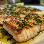 ['Peixe espada grelhado com molho de manteiga, limão e alcaparras.', 'Close-up de filé de peixe espada dourado com molho de limão.', 'Porção suculenta de peixe espada grelhado com acompanhamento de molho.', 'Steak de peixe espada em uma apresentação apetitosa.']