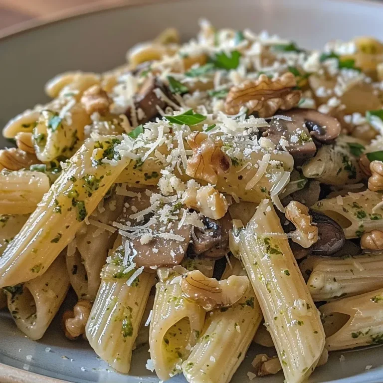 ['Close-up de penne com cogumelos e pesto de nozes.', 'Prato de penne com cogumelos e molho pesto.', 'Porção de penne com cogumelos frescos e pesto verde.', 'Penne servido com molho de nozes e cogumelos.']