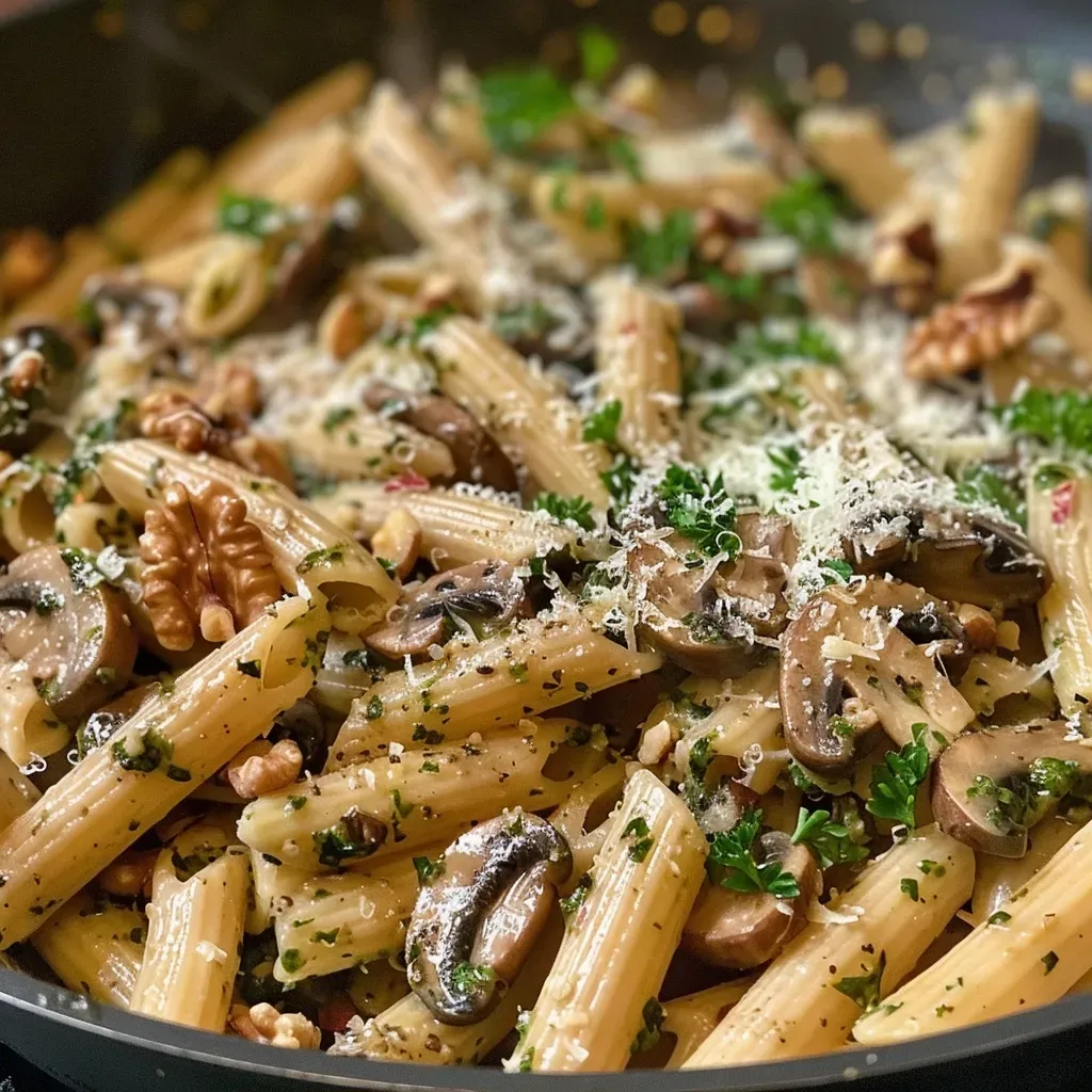 ['Close-up de penne com cogumelos e pesto de nozes.', 'Prato de penne com cogumelos e molho pesto.', 'Porção de penne com cogumelos frescos e pesto verde.', 'Penne servido com molho de nozes e cogumelos.']