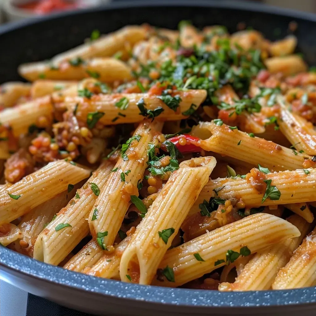 ['Prato de penne de lentilhas com molho de abóbora, espinafre e queijo.', 'Close-up de penne de lentilhas envolto em molho cremoso de abóbora e espinafre.', 'Massa penne de lentilhas com molho de abóbora, espinafre e queijo derretido.', 'Prato saboroso de penne de lentilhas com abóbora e espinafre fresco.']