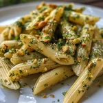 ['Close-up de penne integral com molho de abobrinha e pistache.', 'Prato de penne integral envolto em molho verde de abobrinha e pistache.', 'Porção de penne integral com molho cremoso de abobrinha e pedaços de pistache.', 'Penne integral com molho de abobrinha e pistache em destaque.']