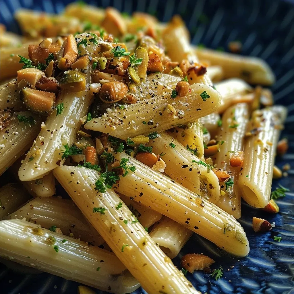 ['Close-up de penne integral com molho de abobrinha e pistache.', 'Prato de penne integral envolto em molho verde de abobrinha e pistache.', 'Porção de penne integral com molho cremoso de abobrinha e pedaços de pistache.', 'Penne integral com molho de abobrinha e pistache em destaque.']