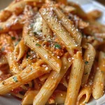 ['Prato de penne integral com molho de tomate cremoso.', 'Close-up de penne integral coberto com molho de tomate e parmesão.', 'Porção de penne integral com molho cremoso em um prato.', 'Penne integral servido com salsa fresca e queijo parmesão.']