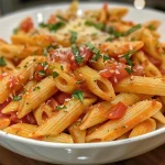 ['Prato de Penne Pomodoro com molho de tomate e ervas.', 'Close-up de Penne Pomodoro decorado com queijo parmesão.', 'Penne Pomodoro servido com folhas de manjericão fresco.', 'Macarrão penne ao molho de tomate e alho.']