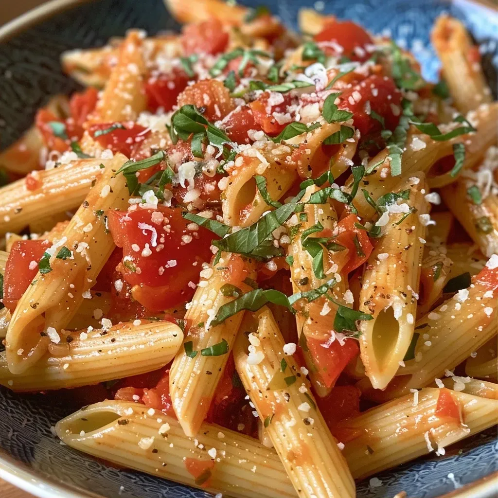['Prato de Penne Pomodoro com molho de tomate e ervas.', 'Close-up de Penne Pomodoro decorado com queijo parmesão.', 'Penne Pomodoro servido com folhas de manjericão fresco.', 'Macarrão penne ao molho de tomate e alho.']